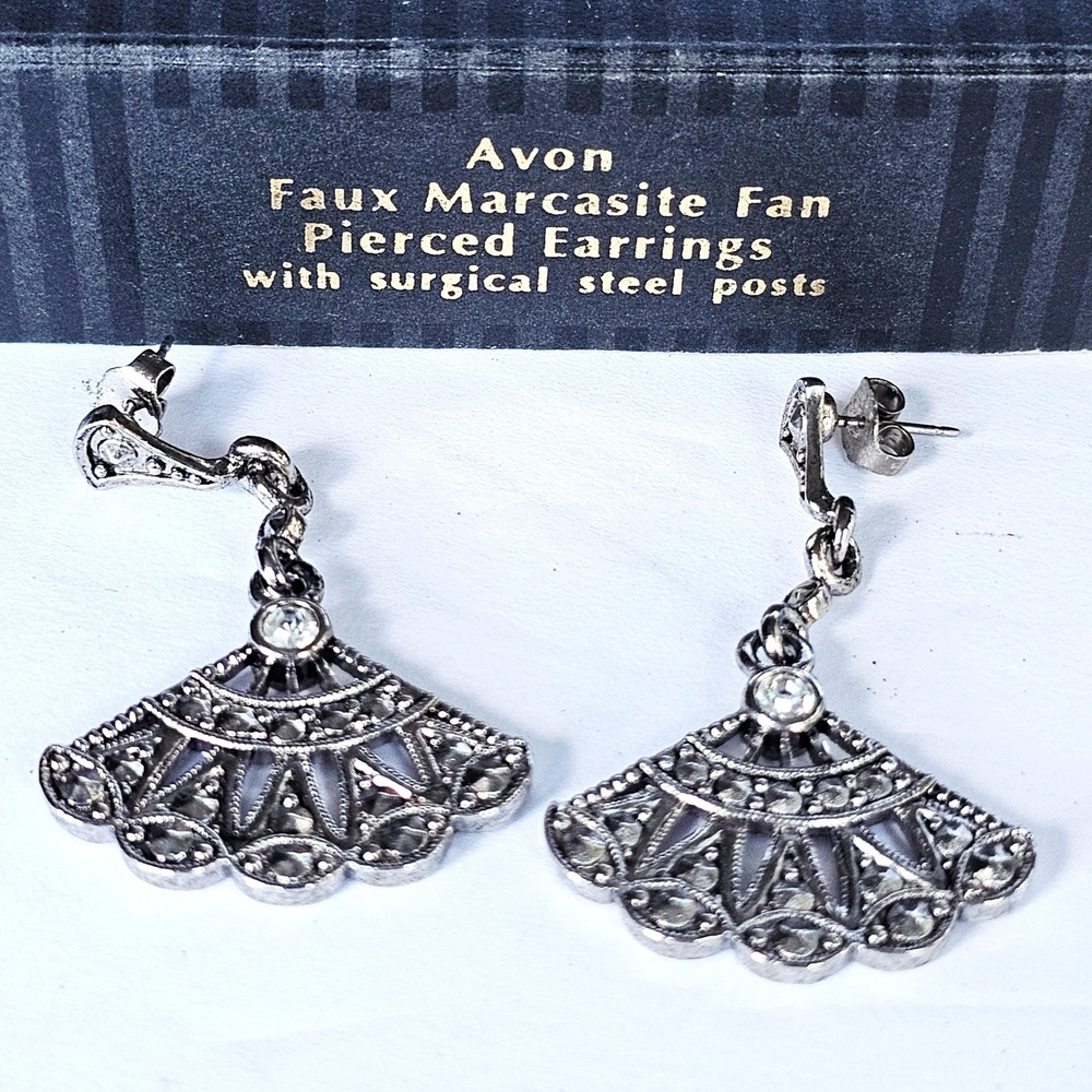 Vtg 90's Boho Dangle Earrings Silver Art Deco Fan Marcasite Style Rhinestone